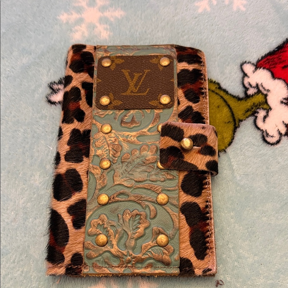 Upcycled Louis Vuitton Leopard and Teal Wallet with Gold Accents